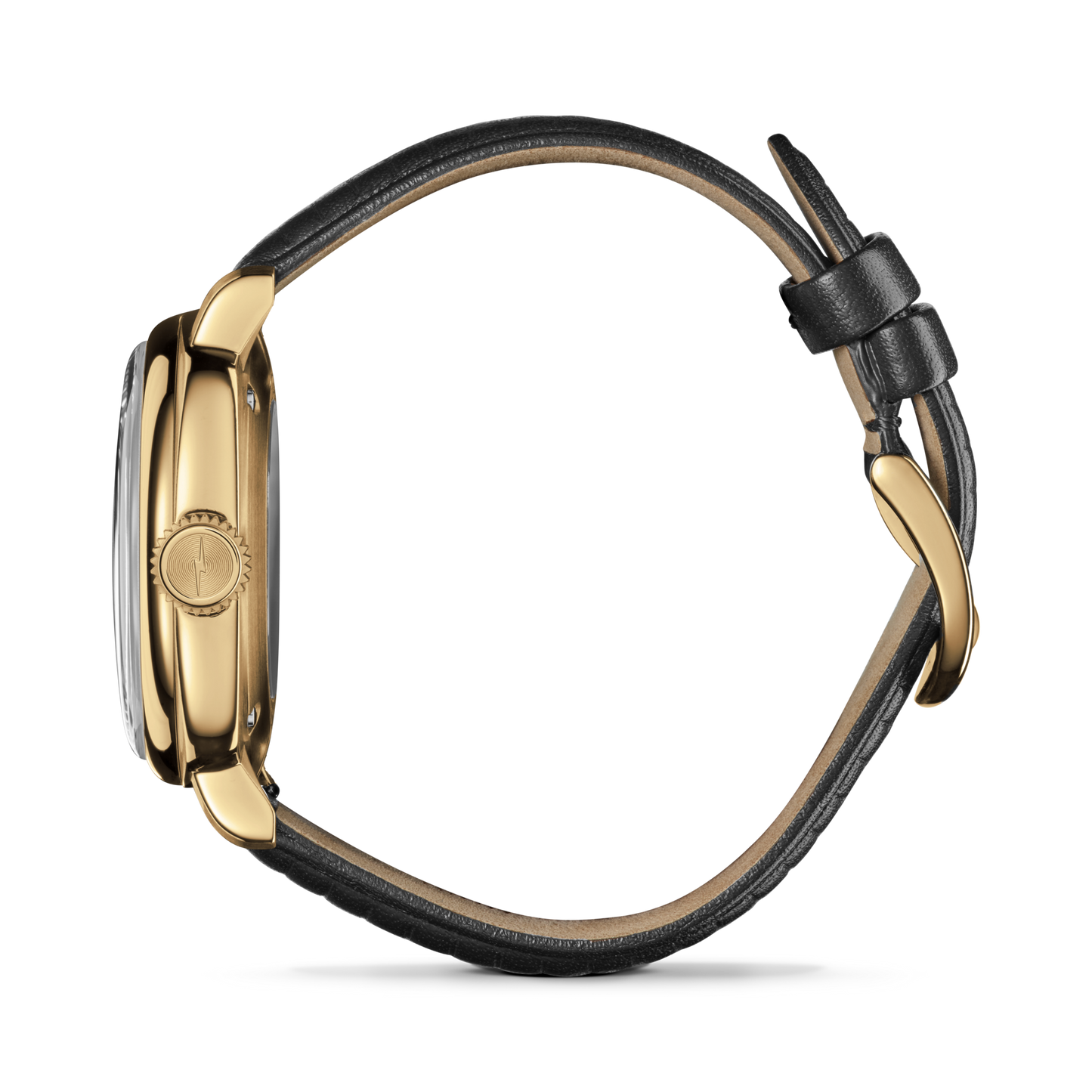 Side view of the Shinola Mechanic Watch - Dominos, featuring a gold case, black leather strap, and round crown, displayed against a plain white background.
