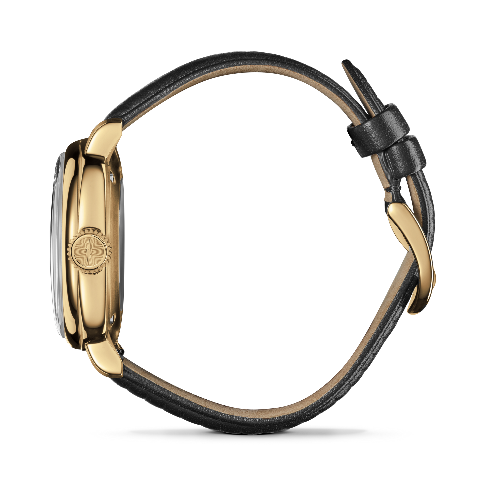 Side view of the Shinola Mechanic Watch - Dominos, featuring a gold case, black leather strap, and round crown, displayed against a plain white background.