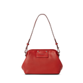 The Rivet Frame Shoulder Bag - Tomato by Shinola features red leather, a short brown strap, silver hardware, and a rectangular Shinola Detroit embossed patch. Inspired by a classic apothecary bag, it's ideal for everyday use and is shown on a white background.
