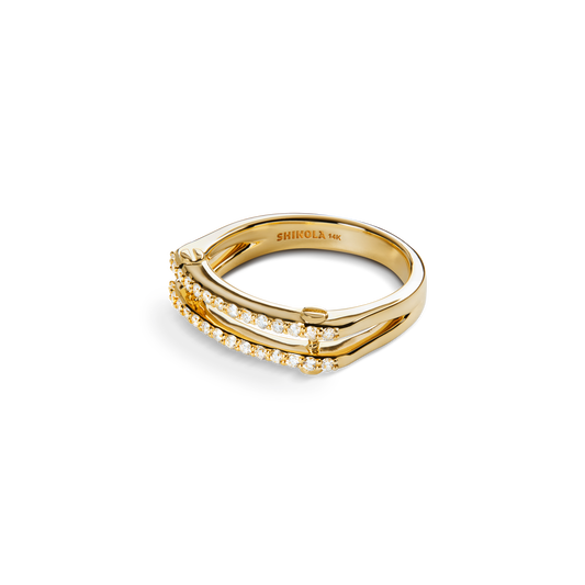 Diamond Pave Rivet Double Row Ring  - Yellow Gold