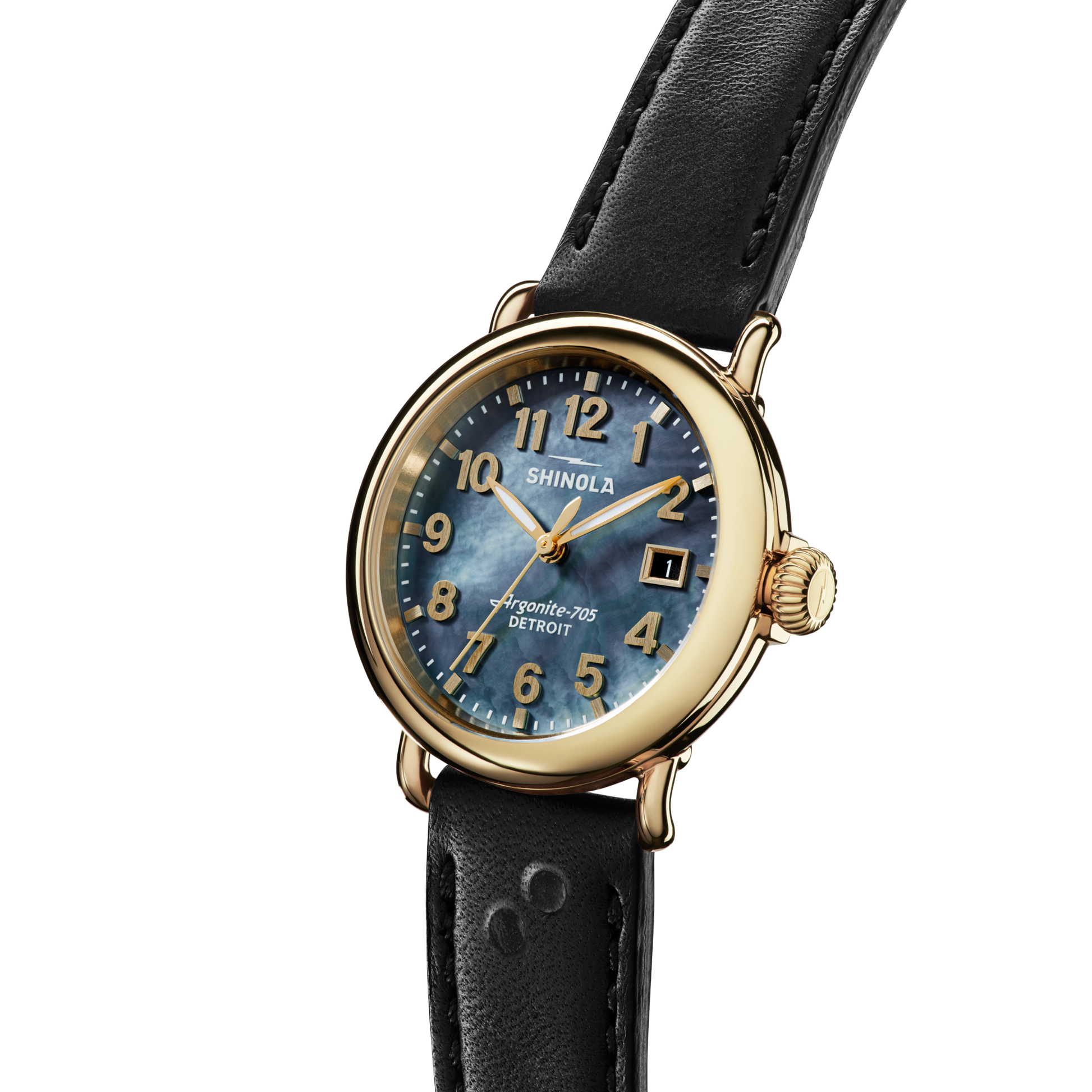 The Shinola Runwell Watch - MOP Dominos features a gold stainless steel case, blue marbled face with gold numerals, date window, and a black leather strap—all set against a crisp white background.