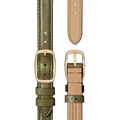 Two Shinola QR Strap: 14/14 Smooth Essex, Drop Loop VSQ, PoPRG - Spruce watch straps are shown on a white background; one displays the stitched olive green leather front with gold buckle, the other shows the tan leather back.