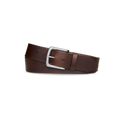 The Shinola 1 1/2" Essential Belt in dark brown natural leather features a silver rectangular buckle and is shown coiled on a plain white background.