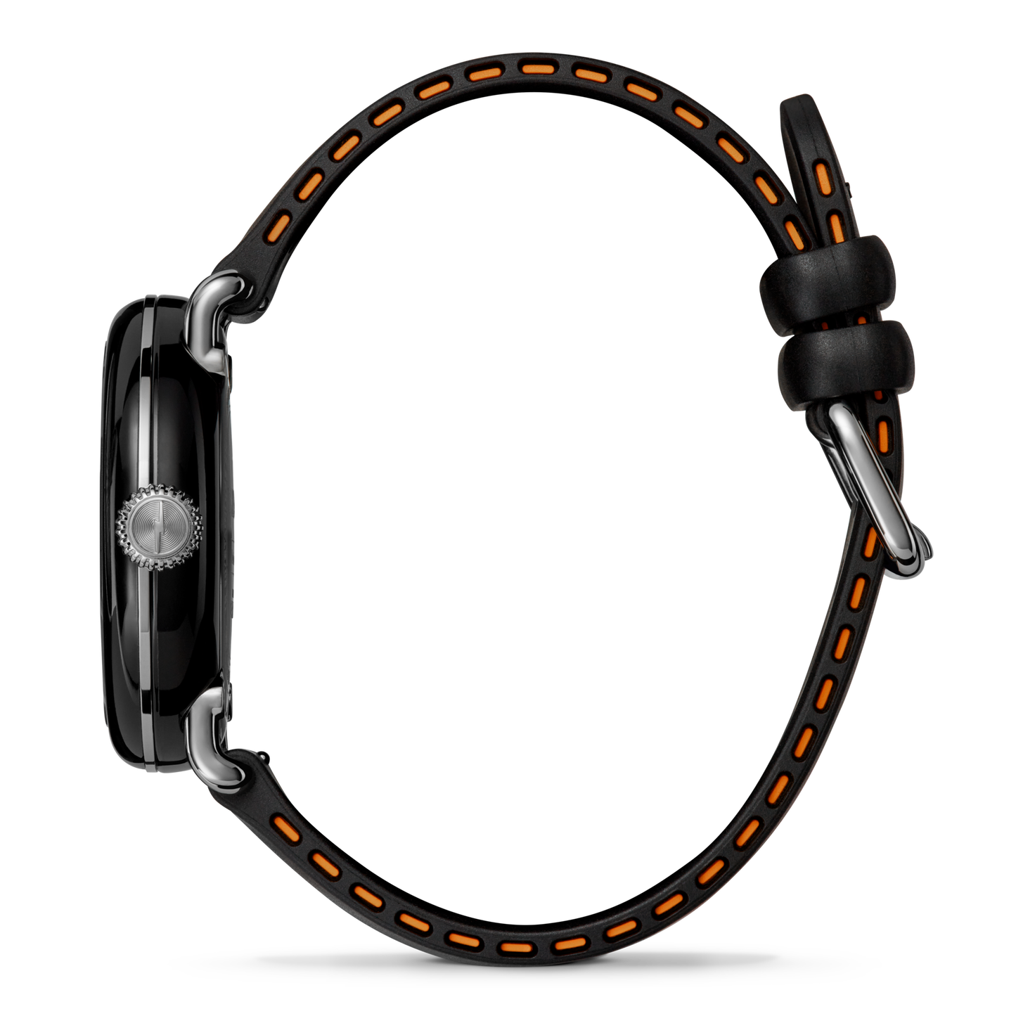 Side view of the Shinola Detrola Watch - Black - Multi, featuring a glossy black case and black strap with orange stitching and silver buckle, inspired by Midcentury design, set against a plain white background.