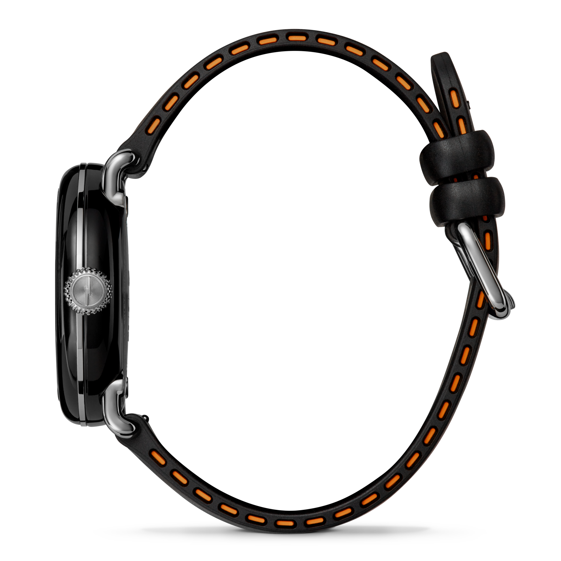 Side view of the Shinola Detrola Watch - Black - Multi, featuring a glossy black case and black strap with orange stitching and silver buckle, inspired by Midcentury design, set against a plain white background.