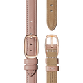 The Shinola 14mm Blush Leather Watch Strap features blush pink leather, beige stitching, a rose gold buckle, and multiple adjustment holes. Displayed front and back.