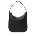 The Shinola Bixby Shoulder Bag - Black is a sleek leather hobo handbag with a minimalist design, gold-tone hardware, and a single curved strap, shown against a plain white background.