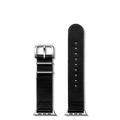The Shinola 20mm Black Split Nylon Apple Watch Strap features a black nylon band, vintage-style stainless steel buckle, and silver hardware, shown in two pieces with adjustment holes and connectors for easy Apple Watch attachment.