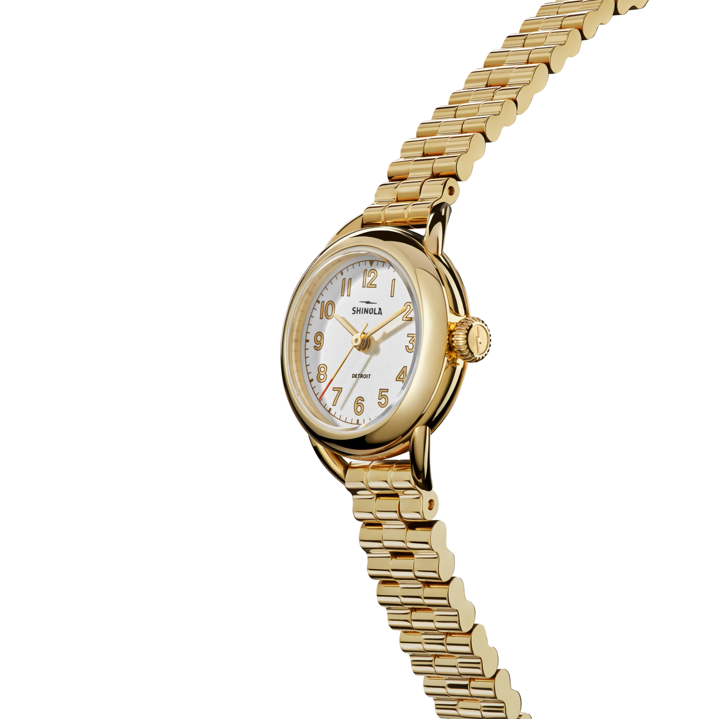The Shinola Runabout Watch - Cream is a women's gold timepiece with a round white dial, gold hour markers, and a linked gold bracelet band, shown against a plain white background.