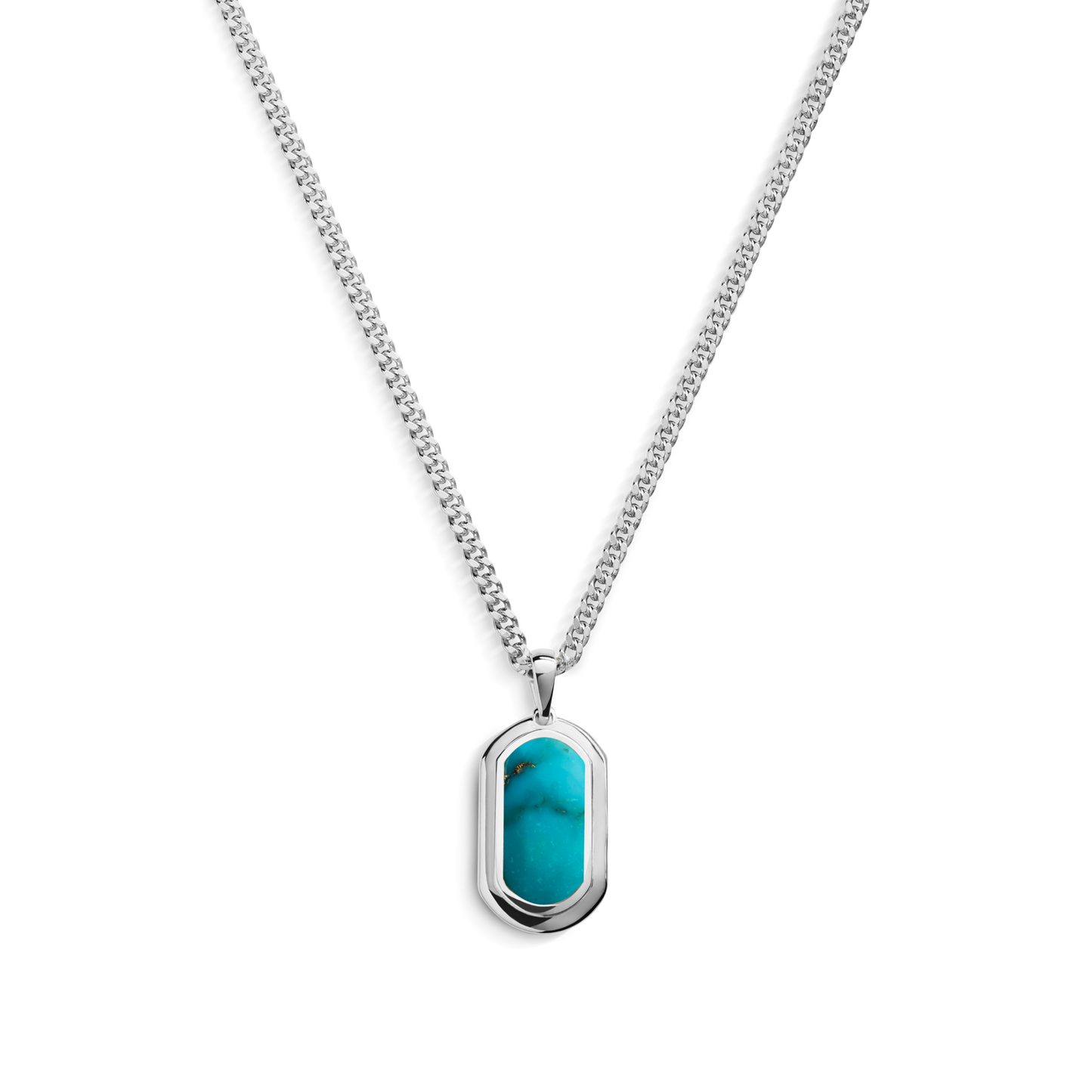The Shinola Turquoise Inlay Tag Necklace features a rectangular turquoise pendant set in sterling silver, showcased against a white background.