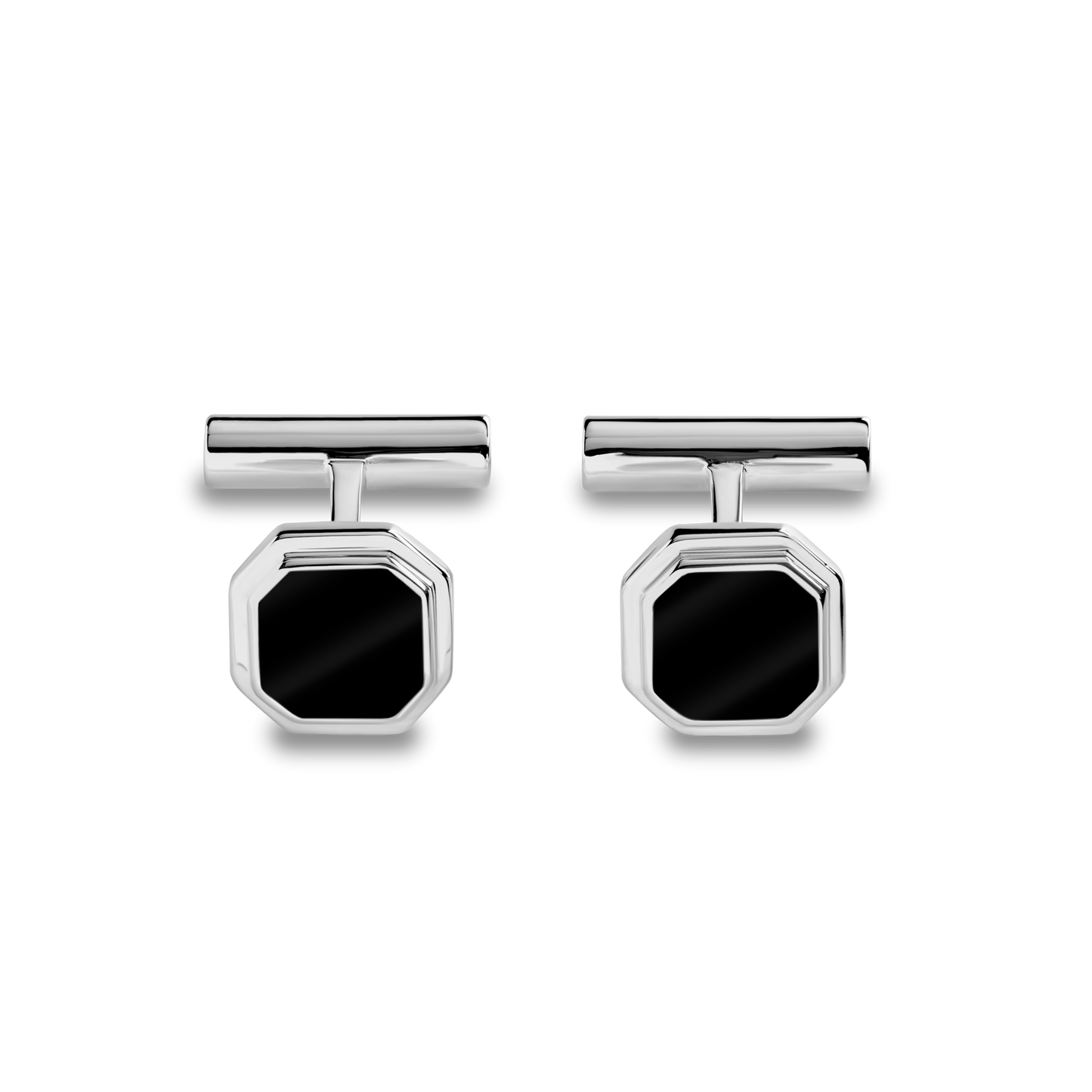 Shinola Octagonal Onyx Inlay Cufflinks: These men's cufflinks feature a bold black onyx inlay set in a striking octagonal sterling silver design.