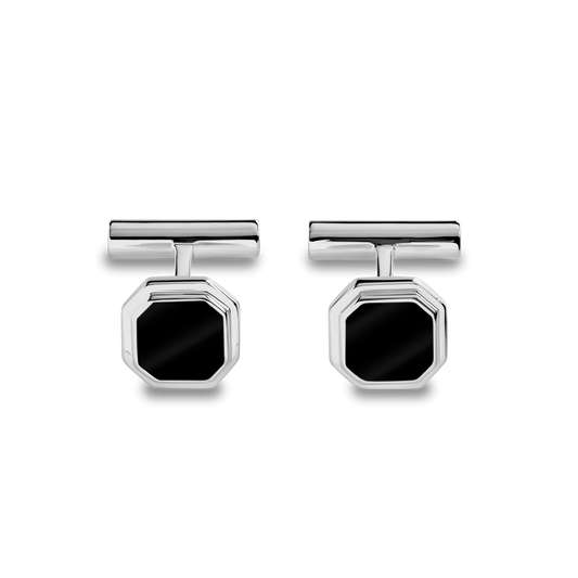 Shinola Octagonal Onyx Inlay Cufflinks: These men's cufflinks feature a bold black onyx inlay set in a striking octagonal sterling silver design.