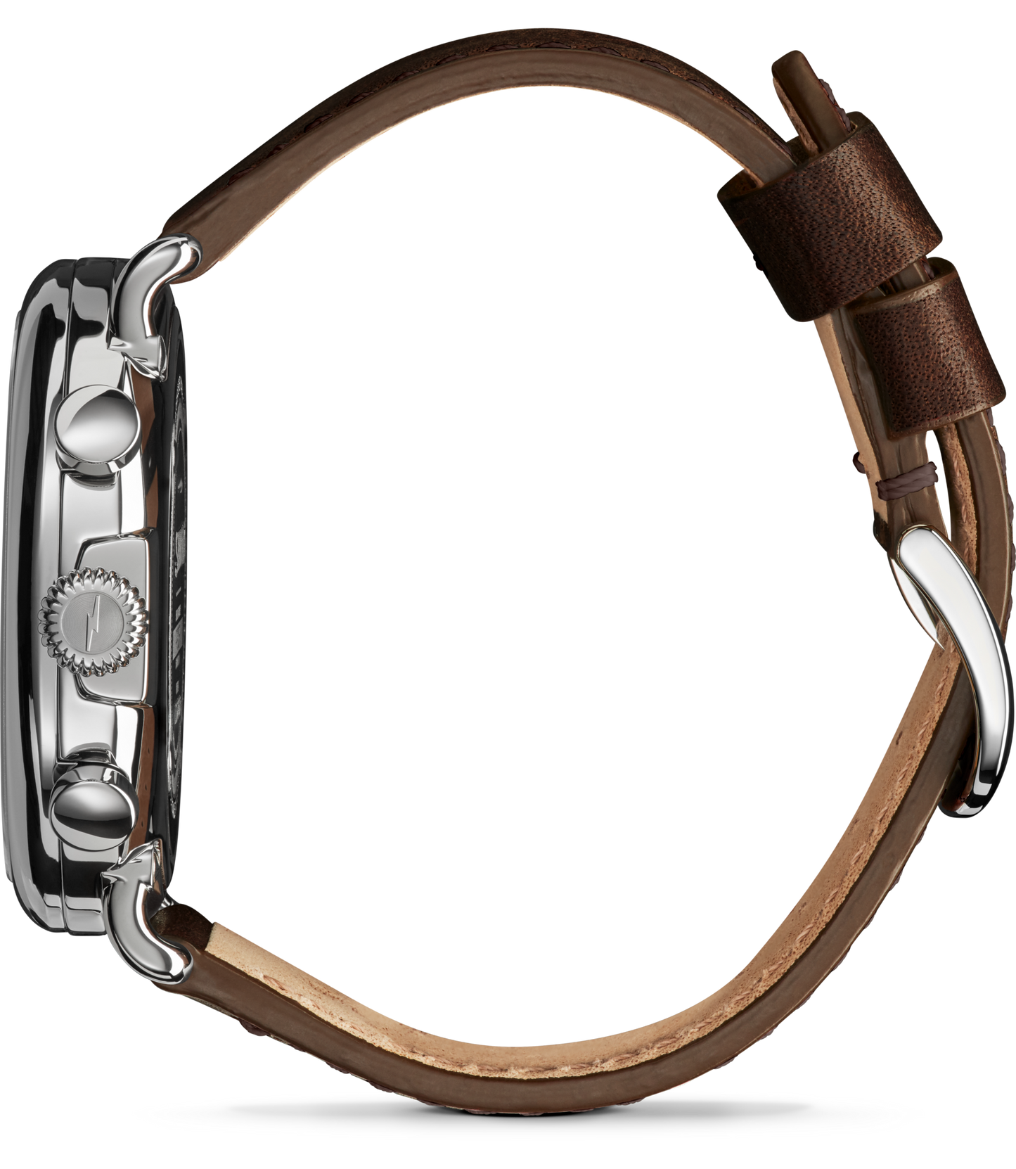 Side view of the Shinola Runwell Chronograph Watch - Silver, featuring a polished stainless steel case and brown leather strap, with the buckle open and crown and pushers visible on the left.