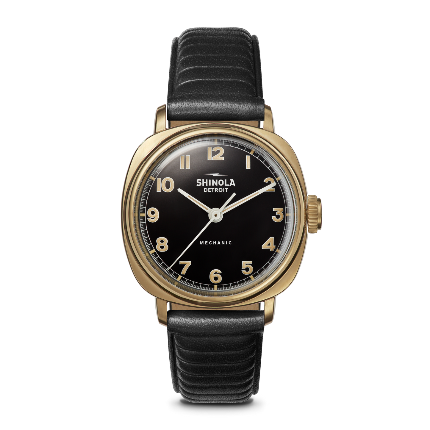 The Shinola Mechanic Watch - Dominos features a gold-tone cushion case, black dial with gold Arabic numerals, black leather strap, single crown, and "MECHANIC" printed above 6 o’clock.
