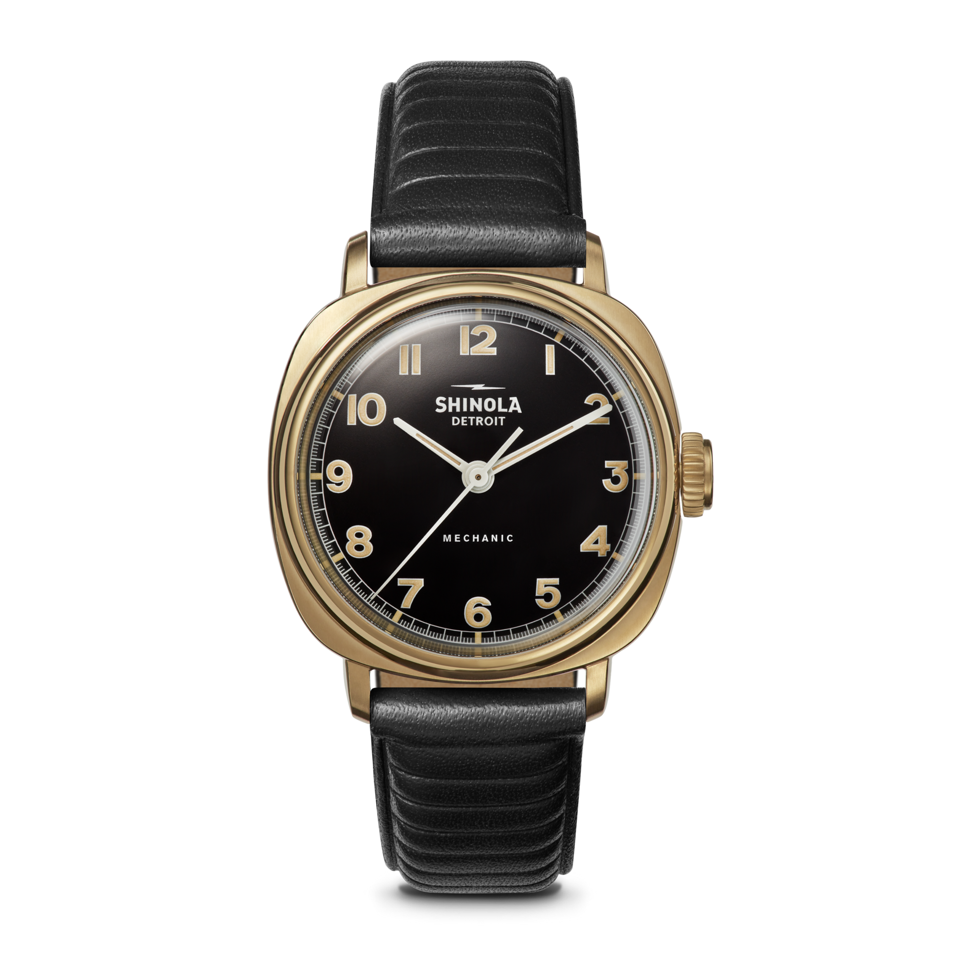 The Shinola Mechanic Watch - Dominos features a gold-tone cushion case, black dial with gold Arabic numerals, black leather strap, single crown, and "MECHANIC" printed above 6 o’clock.