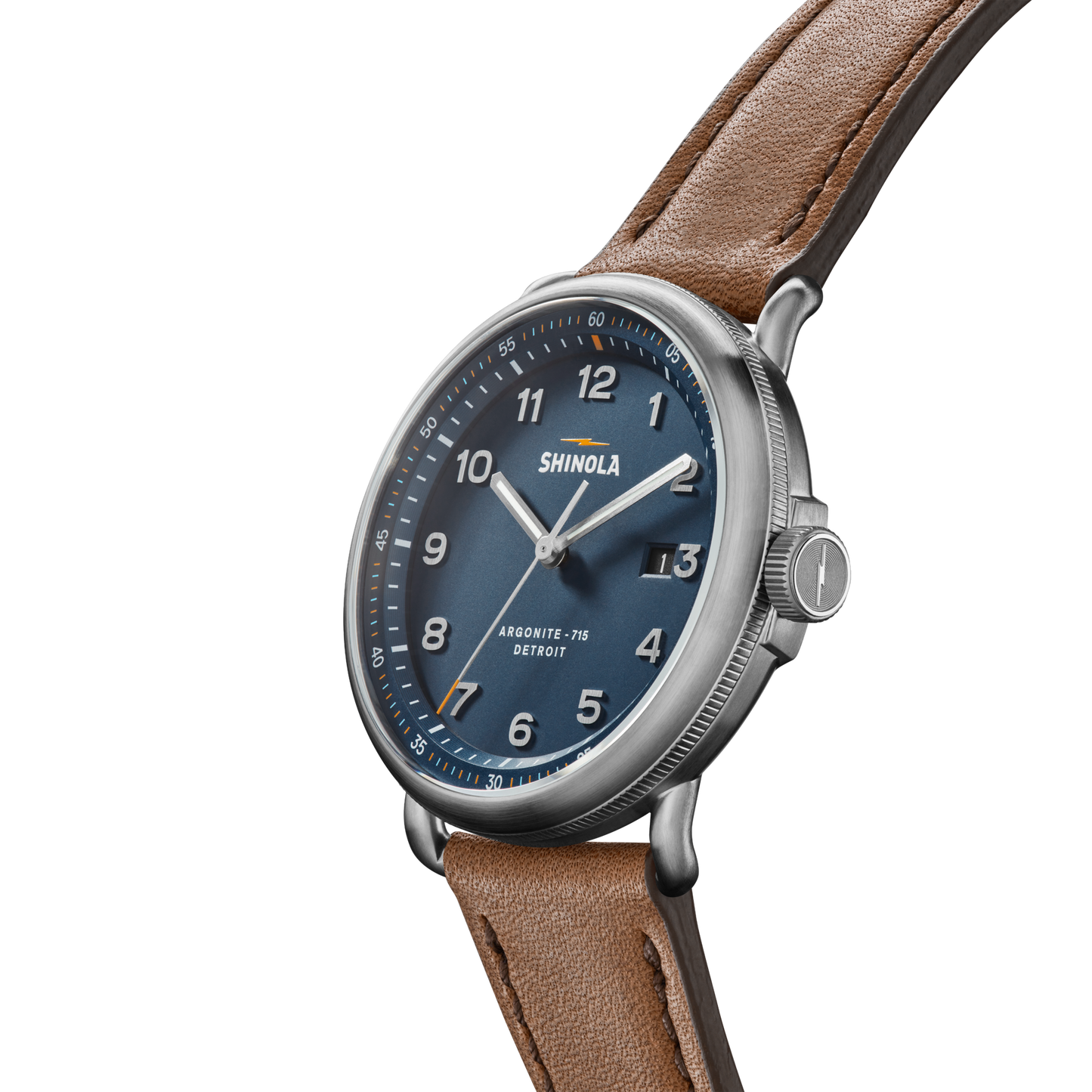 The Shinola Canfield C56 Watch - Continental Blue, featuring a blue face, silver casing, white numerals, and a brown leather strap, is shown angled on a white background with the time set to 10:08.