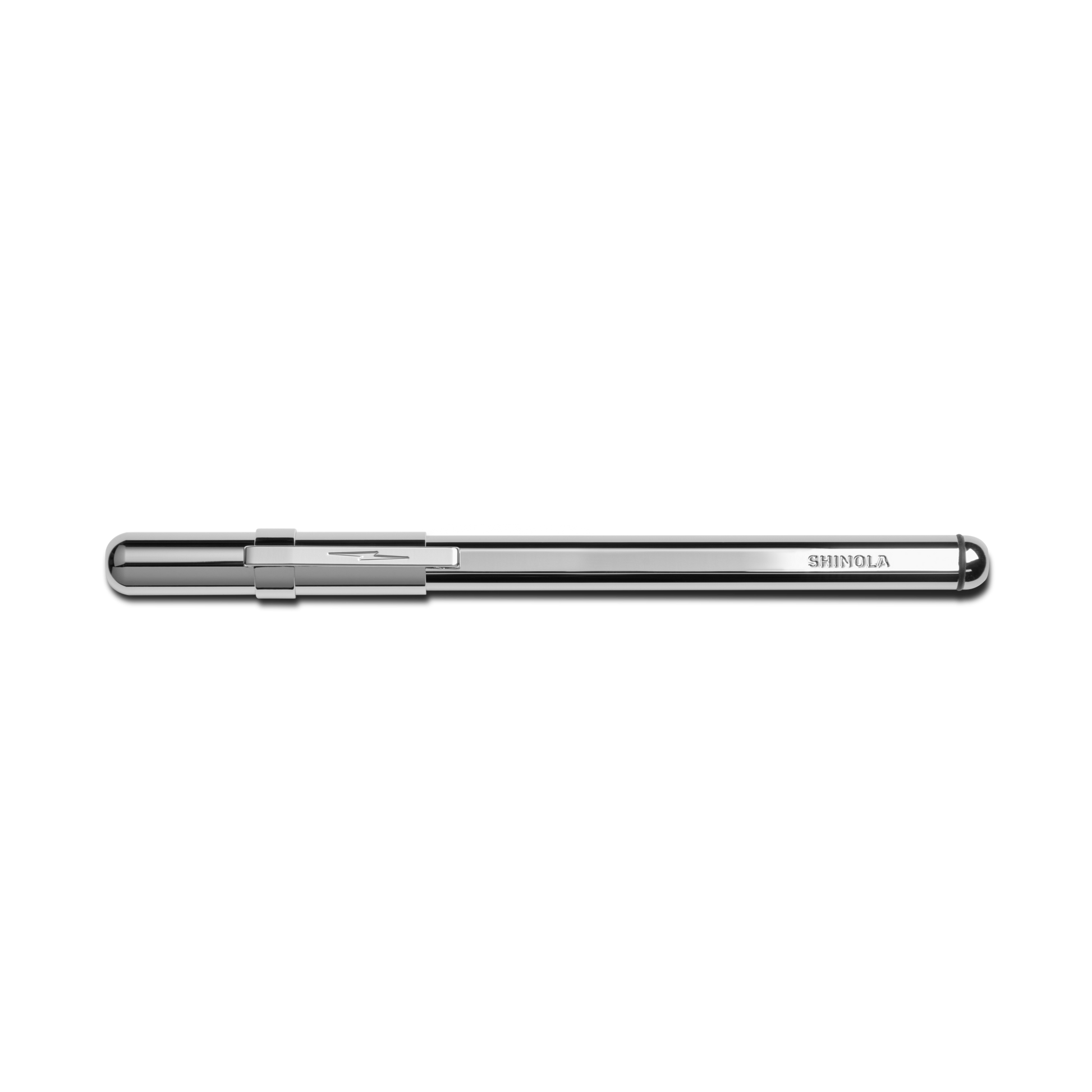 A polished silver Shinola Stainless Steel Studio Pen with a sleek, minimalist design is shown horizontally against a white background. The brand name is engraved near one end of this stainless steel ballpoint pen.