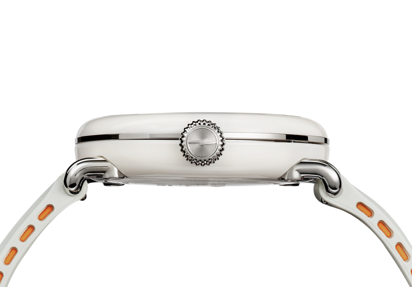 Side view of the Shinola Detrola Watch - Nude, a stylish white timepiece with a chrome crown and a white strap featuring orange accents, reflecting classic American design against a plain white background.