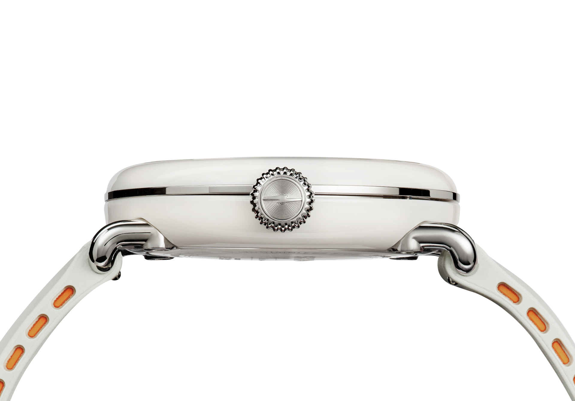 Side view of the Shinola Detrola Watch - Nude, a stylish white timepiece with a chrome crown and a white strap featuring orange accents, reflecting classic American design against a plain white background.