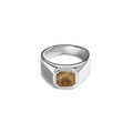 The Shinola Octagonal Inlay Signet Ring Petoskey is a geometric sterling silver ring with an octagonal face set with a brown, textured Petoskey stone, shown on a plain white background.