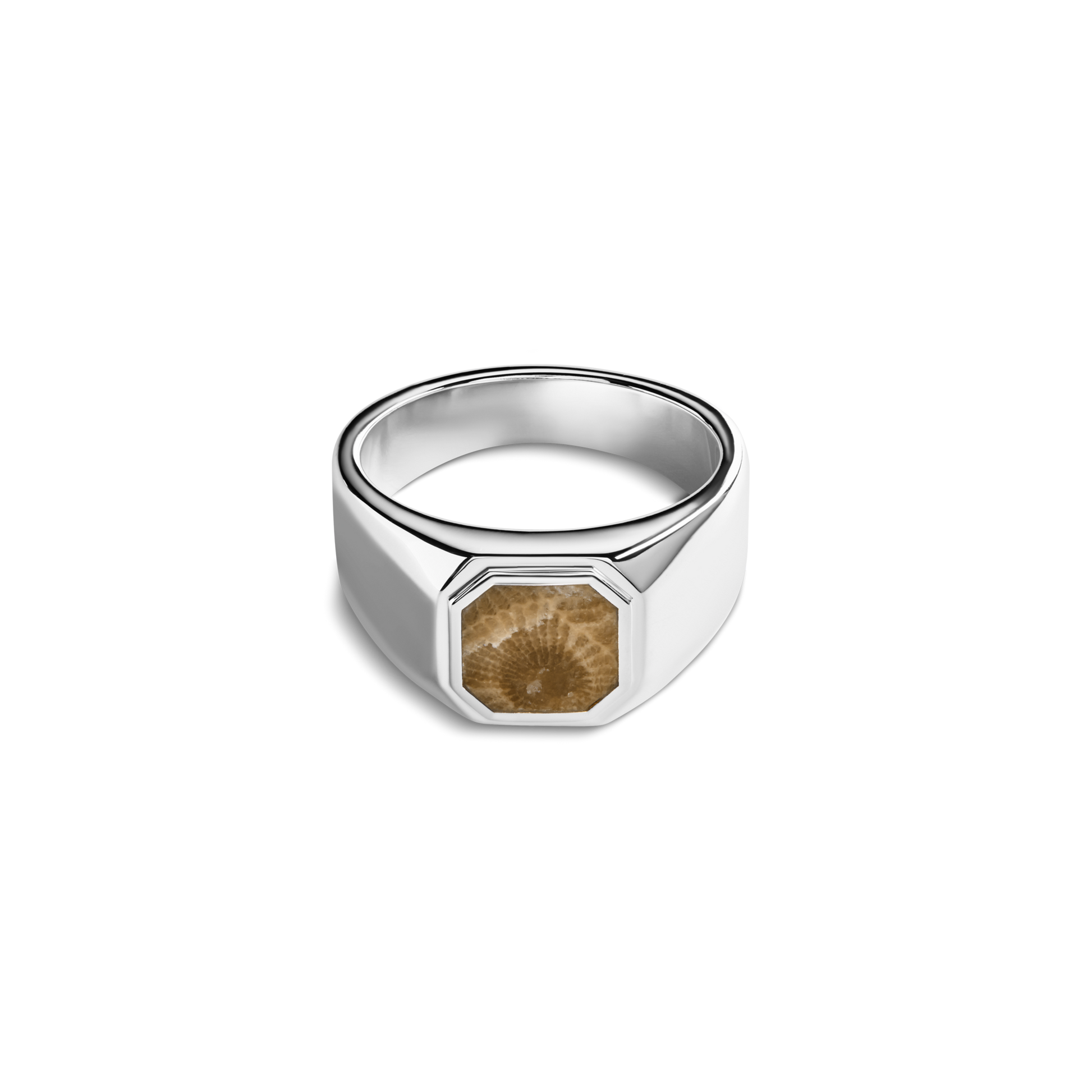 The Shinola Octagonal Inlay Signet Ring Petoskey is a geometric sterling silver ring with an octagonal face set with a brown, textured Petoskey stone, shown on a plain white background.