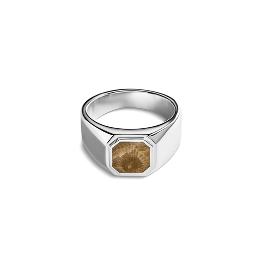 The Shinola Octagonal Inlay Signet Ring Petoskey is a geometric sterling silver ring with an octagonal face set with a brown, textured Petoskey stone, shown on a plain white background.