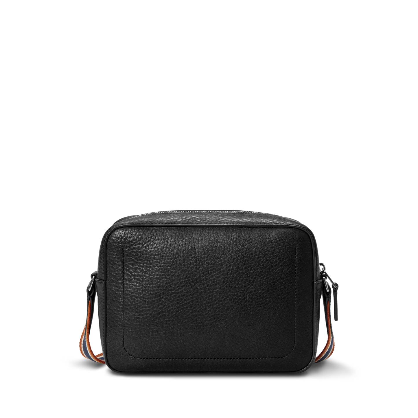 The Shinola Camera Crossbody Bag - Black is a small, rectangular leather bag with a textured finish, front pocket detail, and orange-and-brown adjustable woven strap accents, shown on a plain white background.