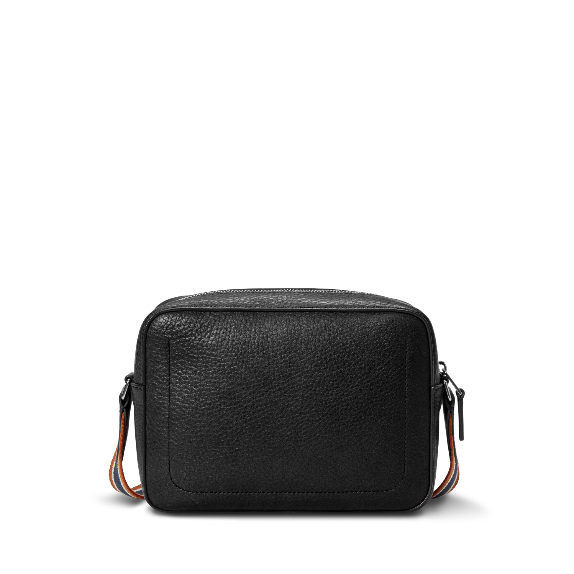 The Shinola Camera Crossbody Bag - Black is a small, rectangular leather bag with a textured finish, front pocket detail, and orange-and-brown adjustable woven strap accents, shown on a plain white background.