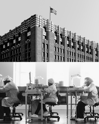 A black-and-white split image captures Detroit heritage: the top half features Shinola’s brick building with an American flag; the bottom shows people in lab coats hand-assembling watches during Shinola Factory Tours.