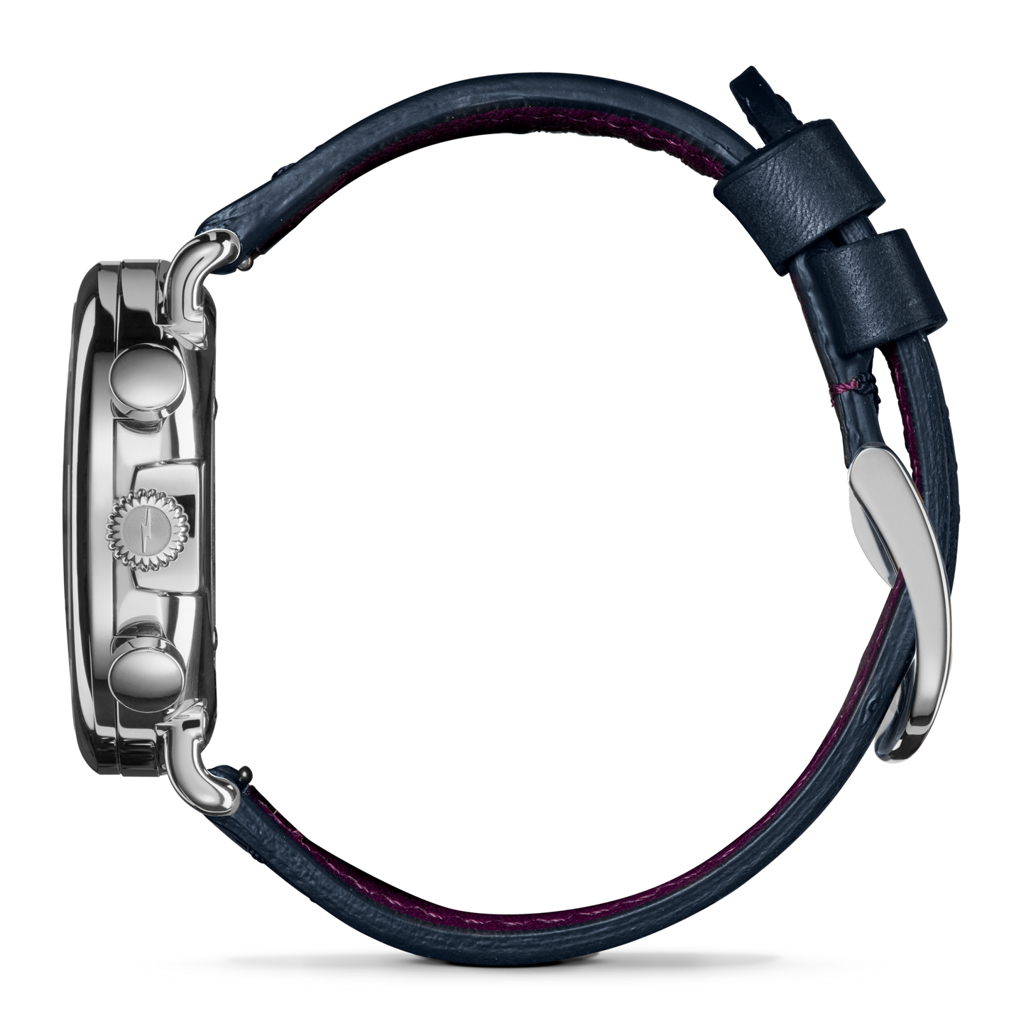 Side view of the Shinola J Dilla Runwell Chronograph Watch - Midnight Blue, featuring a dark blue leather strap, silver case, and two side buttons, displayed on a plain white background.