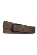 The Shinola 1 1/2" Utility Belt in dark brown nubuck leather features a matte black rectangular buckle, shown coiled flat on a white background.