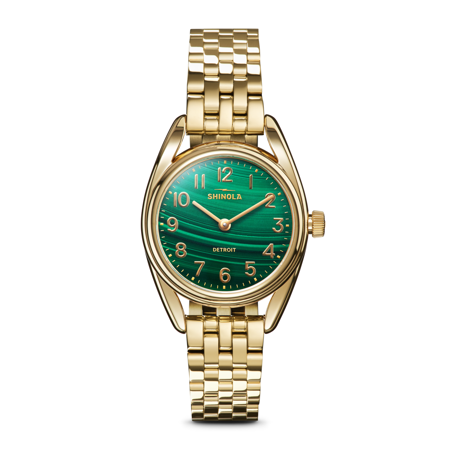 The Shinola Derby Watch - Malachite features a gold stainless steel case, malachite dial, gold hour markers and hands, and a gold link bracelet. Assembled in Detroit, the watch displays the Shinola brand on its face.