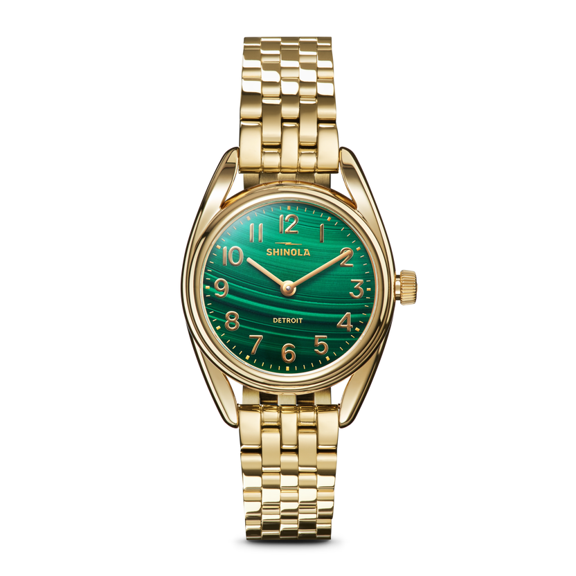 Shinola Derby Malachite with green stone dial and gold-PVD steel bracelet