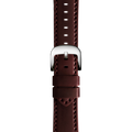 Close-up of the Shinola QR Strap: 18/16 Cordovan, RR Slim Vintage, PoSS - Oxblood, featuring white stitching, a silver buckle, and multiple adjustment holes. Designed to fit the 36mm Runwell or 38mm Vinton. Set against a plain white background.
