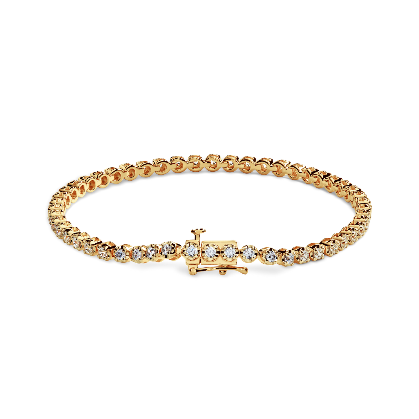 The Shinola 1.84 Carat 6.5" Diamond Tennis Bracelet in yellow gold features a row of round, brilliant cut diamonds set in prongs, shown on a white background.