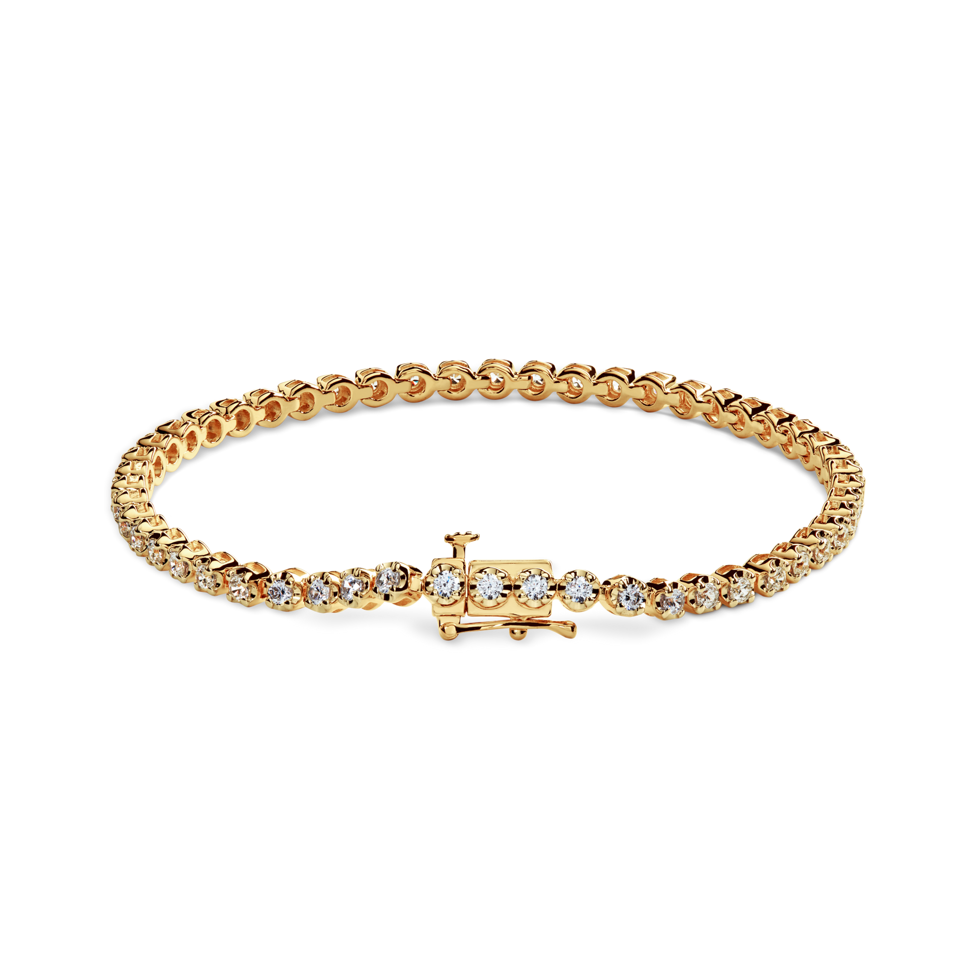 The Shinola 1.84 Carat 6.5" Diamond Tennis Bracelet in yellow gold features a row of round, brilliant cut diamonds set in prongs, shown on a white background.