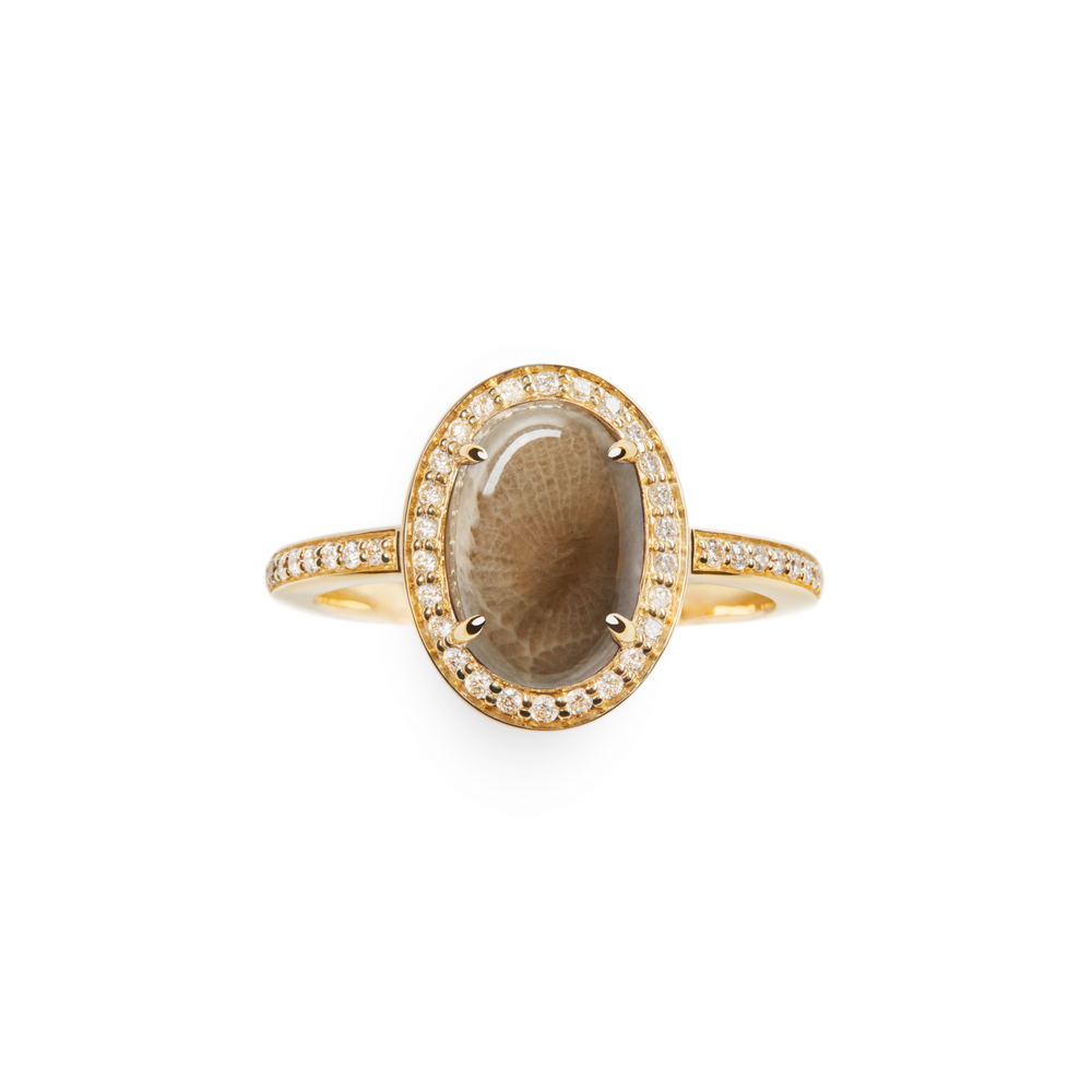 Petite Diamond Pave Petoskey Oval Ring - Yellow Gold