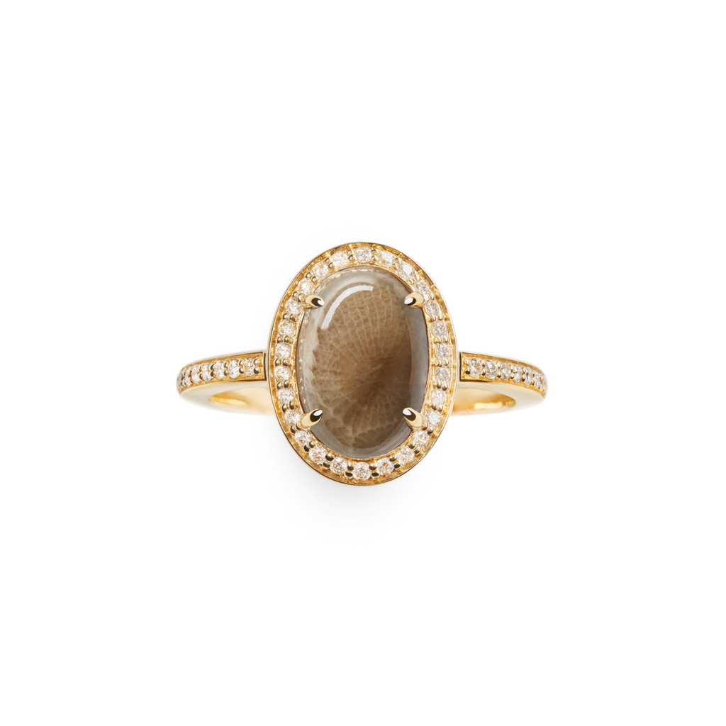 Petite Diamond Pave Petoskey Oval Ring Yellow Gold