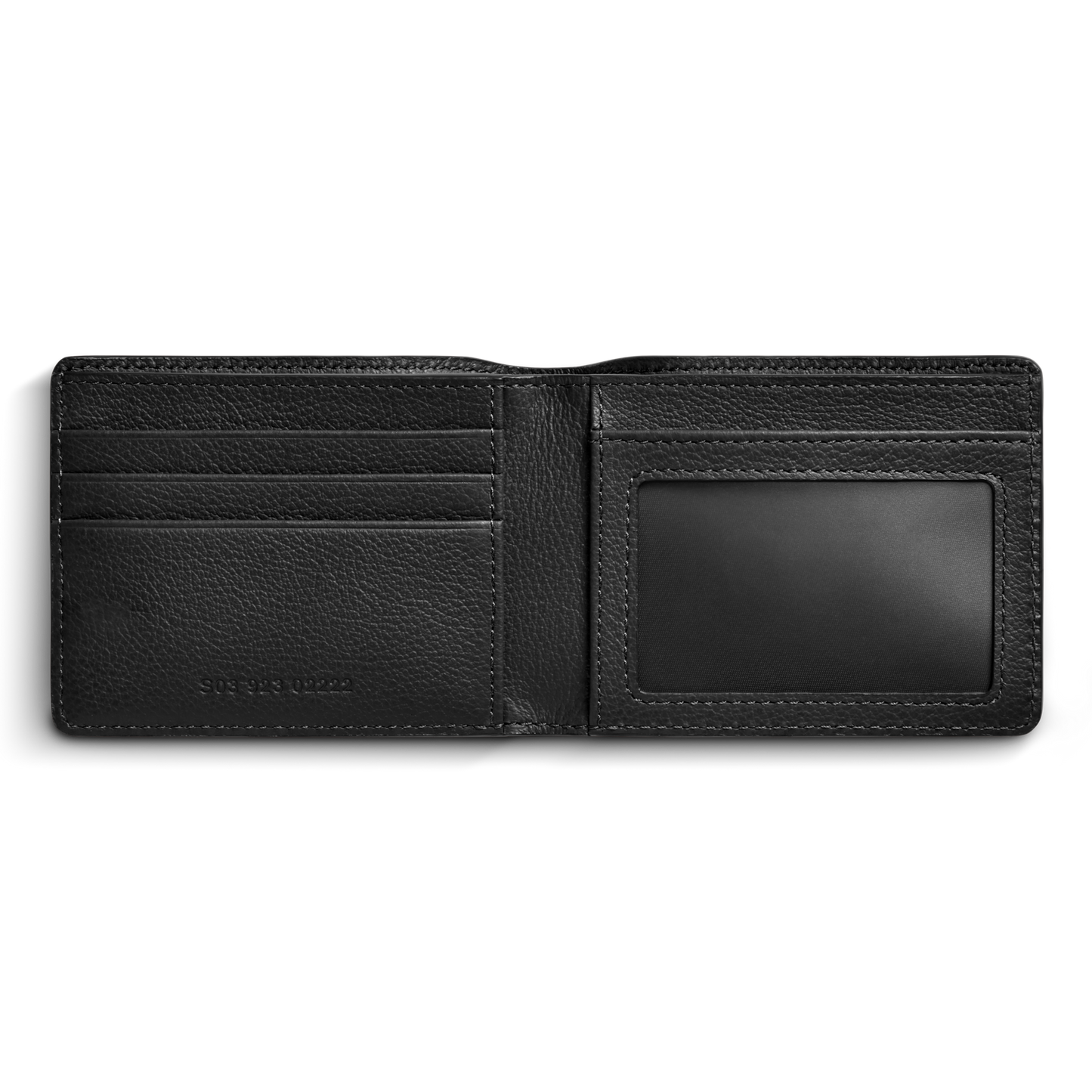 The Shinola Canfield ID Bifold Wallet in black pebbled leather features three card slots on the left and a clear ID window on the right, shown open against a plain white background.