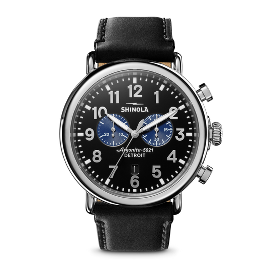 Watch: Runwell Chrono 47mm, Black Leather Strap - Glossy Black
