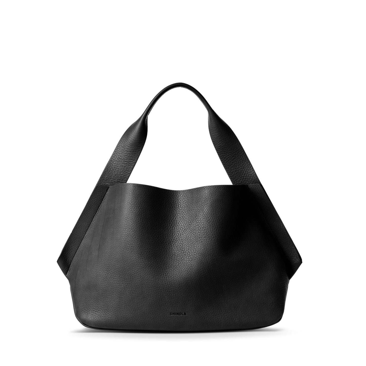 The Derby Shoulder Bag - Black by Shinola is a spacious tote with a wide, relaxed shape, two broad shoulder straps, a leather card pocket, and a large open compartment, shown against a plain white background.