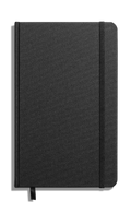 The Shinola Medium Hard Plain Journal in black features a textured linen cover, right-side elastic band, bottom ribbon bookmark, and acid-free paper. Displayed against a white background.