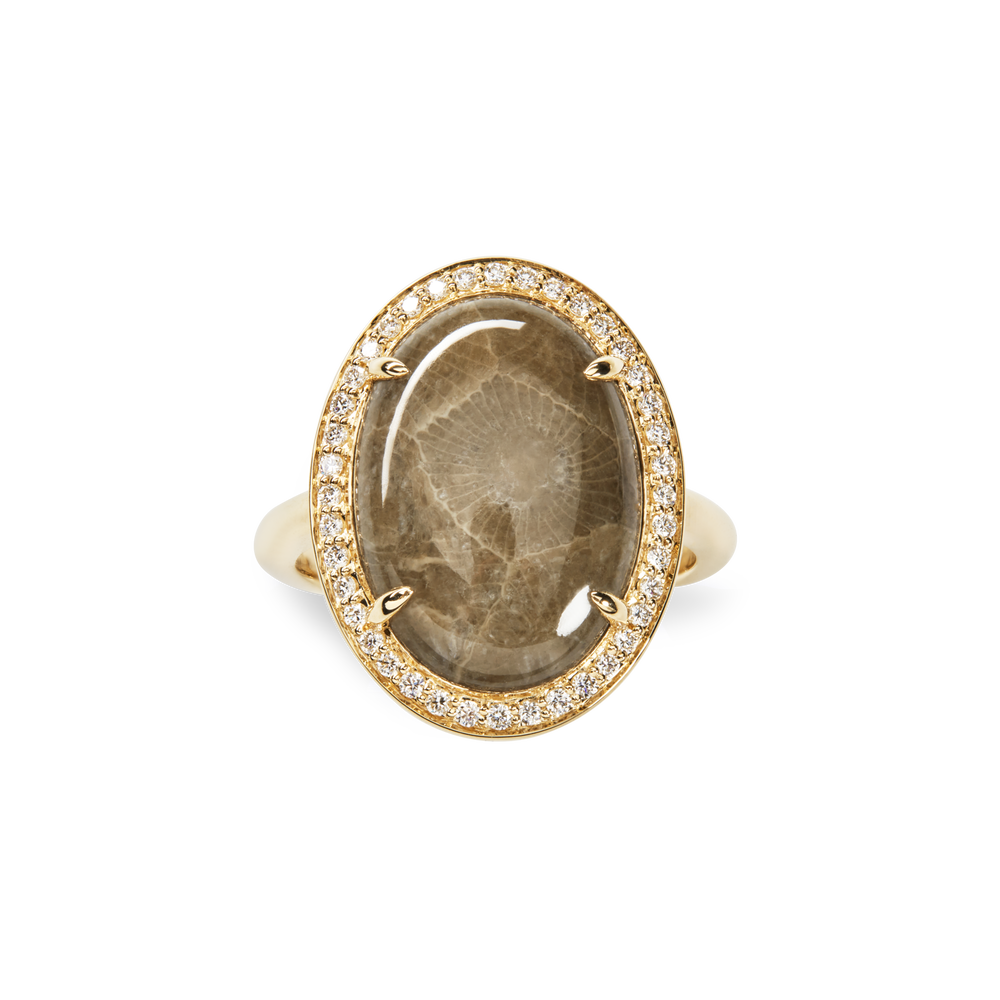 Diamond Pave Oval Petoskey Ring - Yellow Gold