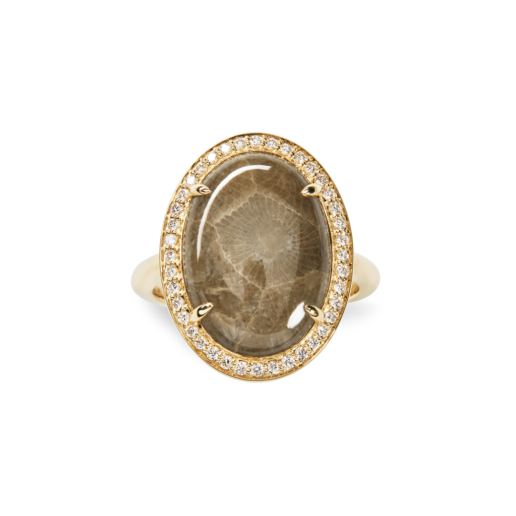 Diamond Pave Oval Petoskey Ring Yellow Gold