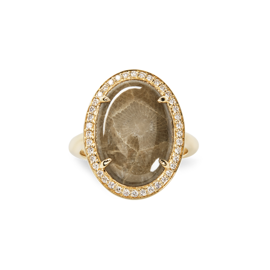 Diamond Pave Oval Petoskey Ring - Yellow Gold