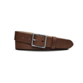 The Shinola 1 1/4" Center Bar Buckle Belt in medium brown features USA Heritage leather and a silver rectangular buckle, shown coiled in a circle on a plain white background.