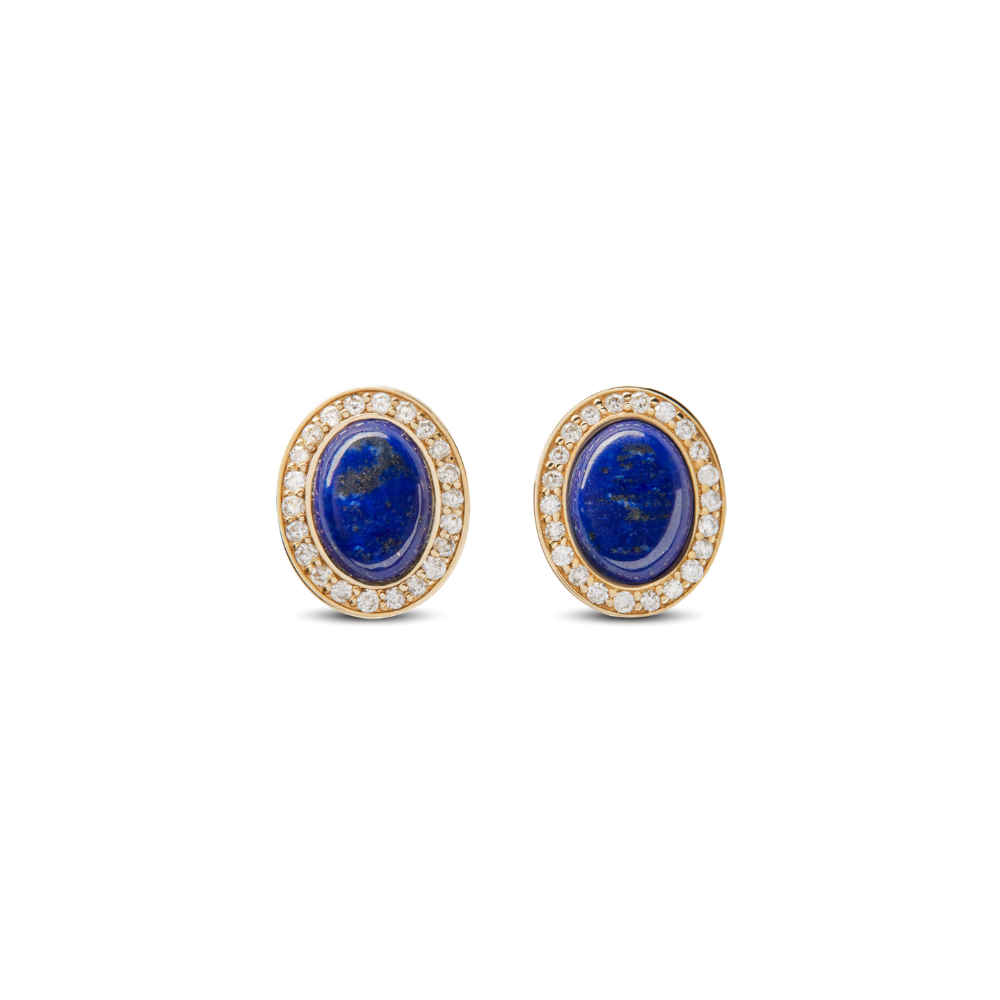 Diamond Pave Oval Stud Lapis Earrings - Yellow Gold