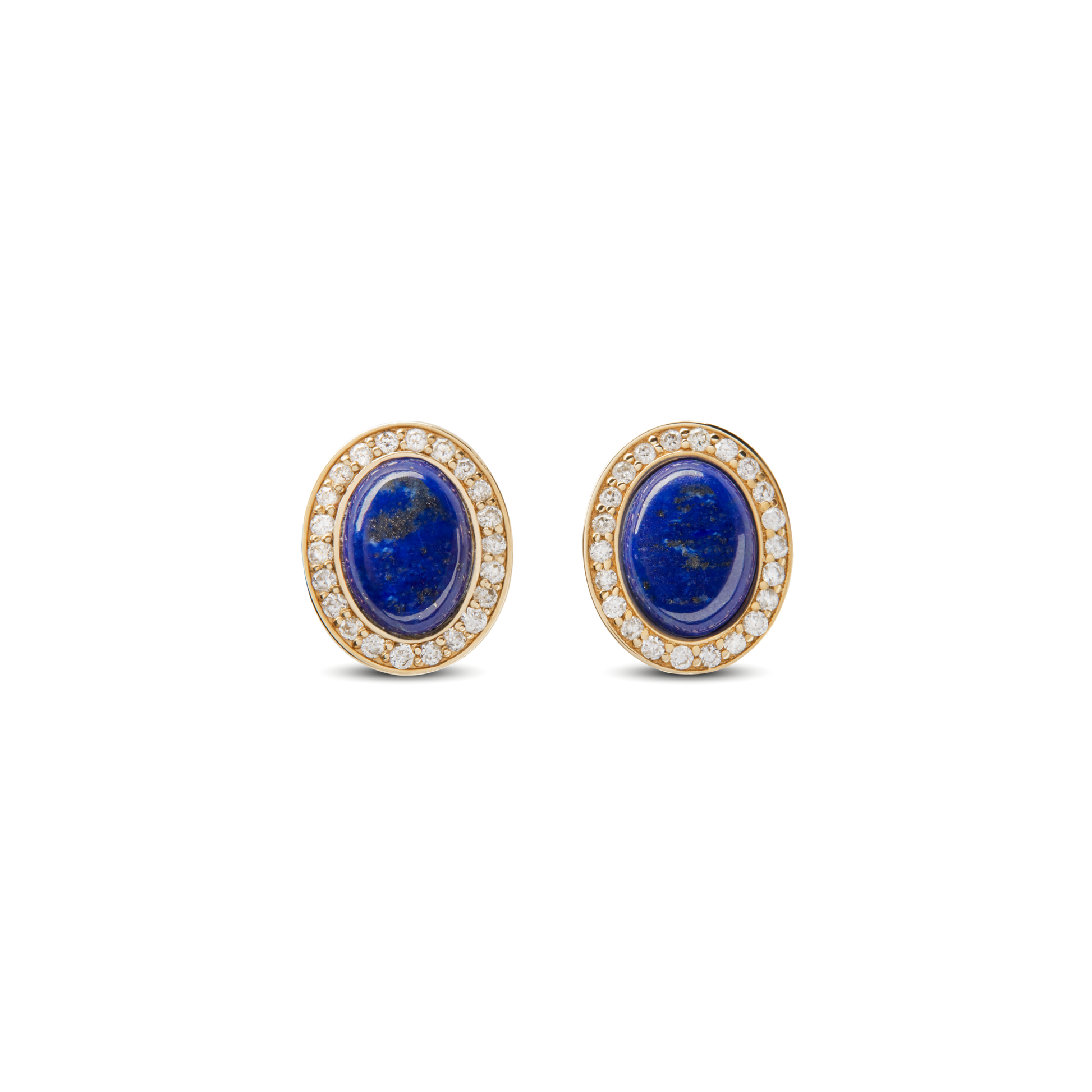 Diamond Pave Oval Stud Lapis Earrings - Yellow Gold