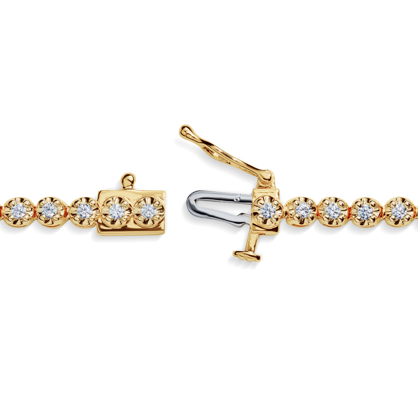 A close-up of the Shinola 1.84 Carat 6.5" Diamond Tennis Bracelet in yellow gold, featuring brilliant cut diamonds and an open box clasp, with both ends visible against a white background.