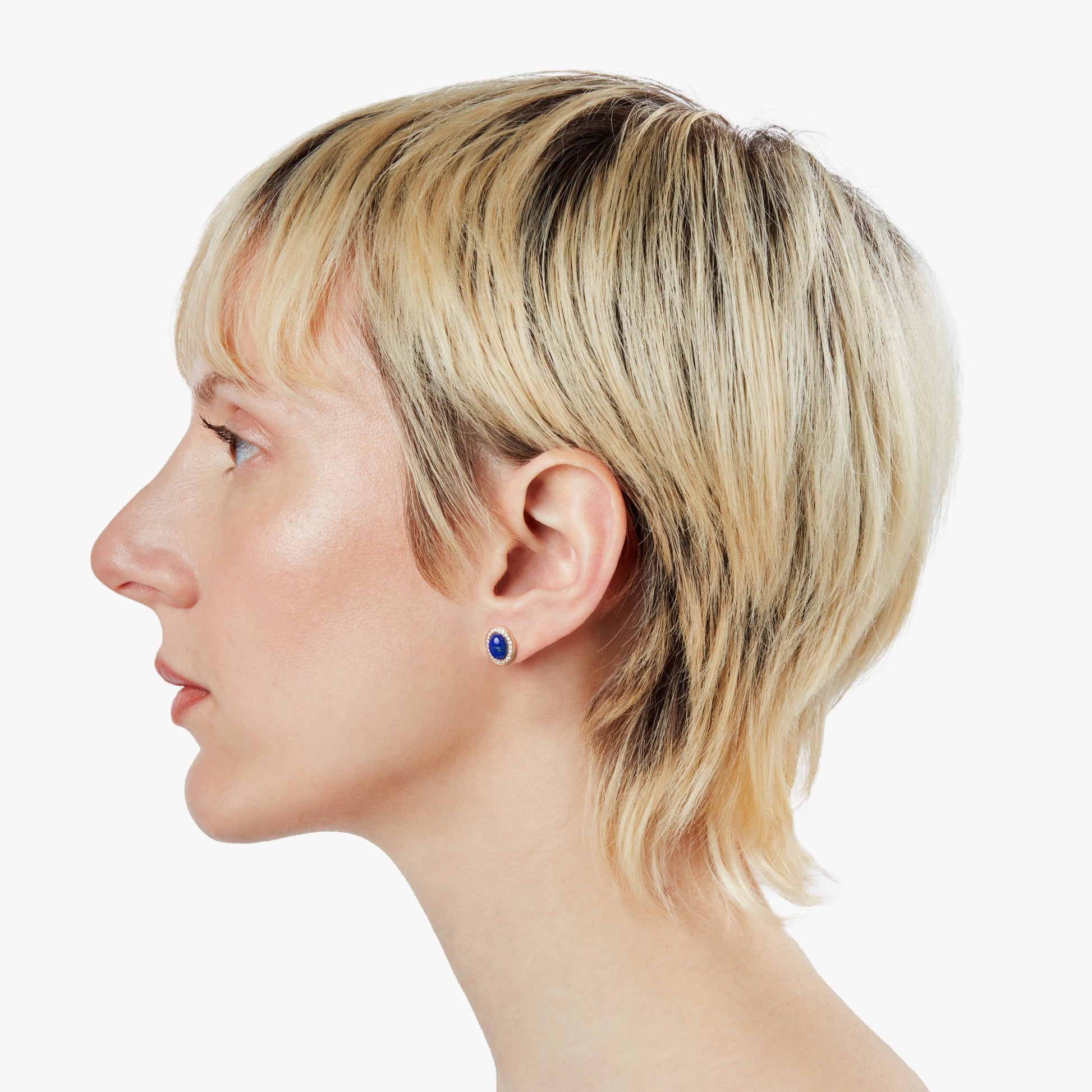 Diamond Pave Oval Stud Lapis Earrings - Yellow Gold